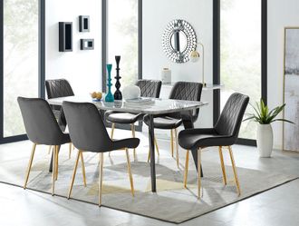Furniturebox Andria Marble Effect Dining Table With Black Legs & 6 Pesaro Velvet Gold Leg Chairs