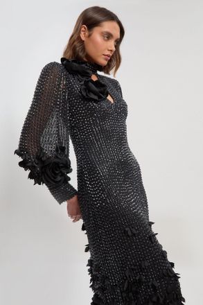 Karen Millen Womens Crystal Applique Woven Maxi Dress - Black - Size 14 UK