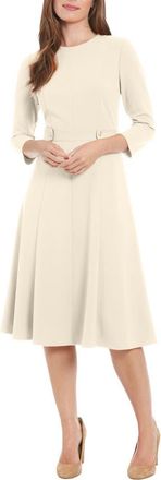 London Times Three-Quarter Sleeve Seamed Side Tab Fit & Flare Midi Dress in Sugar Ivory at Nordstrom Rack, Size 12