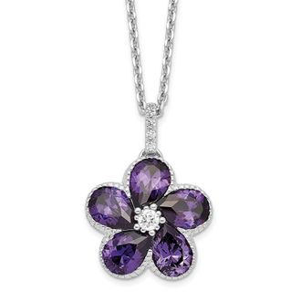 Diamond2Deal Sterling Silver Purple and White Cubic Zirconia Flower Necklace 16 with 2 Inch Ext