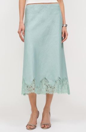 Reformation Carolina Lace Trim Linen Midi Skirt in Aquamarine at Nordstrom, Size X-Small