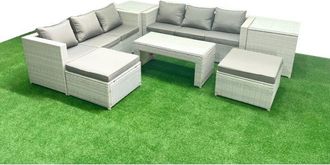 Fimous 8 Seater Garden Outdoor Rattan Furniture Set Rattan Garden Sofa Oblong Coffee Table with 2 Big Footstools 2 Side Tables Light Grey Mixed - Fimous