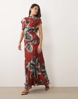 Asos Vestito lungo drappeggiato in rete rosso a fiori-Multi