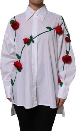 Dolce & Gabbana White Cotton Floral Appliques Dress Shirt Womens Top (Pre-Owned)