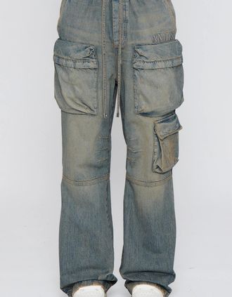 Amiri Mens Drawstring Baggy Cargo Jean Blue - Size: 35/34/32