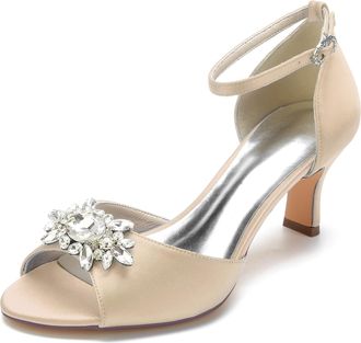 Generic Wedding Bride Shoes Womens Bride Satin Heels Low Heel Sandals Open Toe Ankle Strap Party Wedding Rhinestone Dress Shoes 6.5Cm,Champagne,4 UK