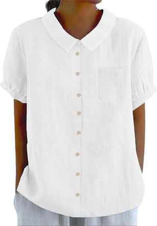 Generic Short Sleeve Linen Tshirt for Women Peter Pan Collar Button Down Blouses Vintage Casual Work Tops Summer Clothes 2025 2025 New Ladies Tops White