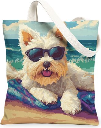 Generic Summer Schnauzer Dog Canvas Tote Bag for Shopping 13x15, Watercolor Beach Coastal Puppy Reusable Grocery Print Bag for Women, Beachy Pet Beach Aesthet