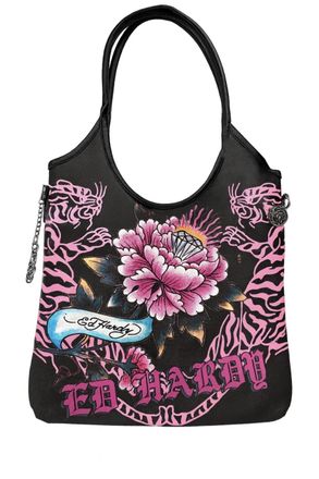 Ed Hardy PANTHER TOTE SHOULDER BAG, Black/Pink Floral