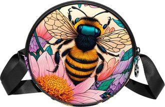 Generic Circle Crossbody Bag for Women, Color Drawing Bee Small Sling Bag Daypack with Zipper Adjustable Shoulder Straps Casual Ladies Girls Round Purse