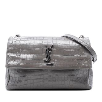 Saint Laurent Pre-owned Womens Medium Croc Embossed Calfskin Monogram West Hollywood Crossbody - Grey Leather - One Size
