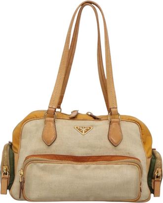 Prada Canapa Beige Canvas Shoulder Bag (Pre-Owned)