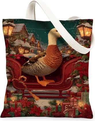 Generic Christmas Duck Canvas Tote Bags, Poinsettia Design Reusable Grocery Bags, Winter Lightweight Washable Shoulder Strap Canvas for Travel Picnic 13x15 In