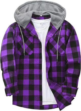 Generic Hoodies for Men UK Check Long Sleeve Flannel Shirts with Drawstring Button Down Casual Plaid Sweatshirts Lightweight Outdoor Work Tops Thick Coat with
