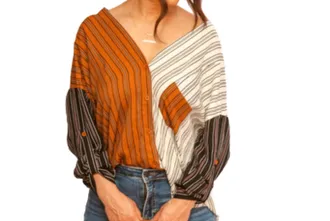Fate Striped Color Block Blouse In Camel / Cream
