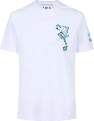 Iceberg Regular Fit Katoenen Jersey T-Shirt met Aap Borduursel - Heren - T-shirts - Wit - L - Katoen - Tops