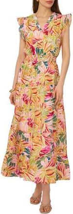 Halogen Ruffle Cap Sleeve Tiered Maxi Dress in Lucent White/pink Orange Multi at Nordstrom Rack, Size X-Small