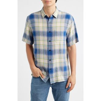 Pendleton Dawson Plaid Short Sleeve Linen Blend Button-Up Shirt in Blue Multi Plaid at Nordstrom, Size Xx-Large