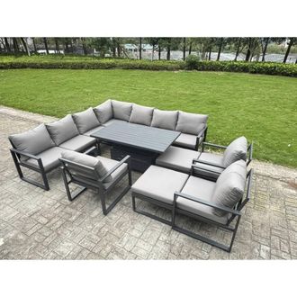 Fimous Aluminum 11 Piece 12-Seater Sofa Set with Rising Table & 3 Chair Stool in Dark Grey