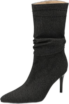 Generic Womens Slouchy Mid-Calf Boots Denim Fabric Pointed Toe High Stiletto Heel Stretchy Slip On Slim Fit Elegant Durable Design,Black,3.5 UK