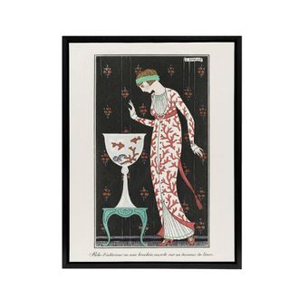 Artery8 Coral Evening Dress Fashion Advert Barbier Black Framed Canvas Art in White | Size: W24 x H32
