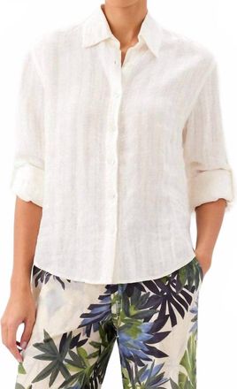 Karen Kane Stripe Linen Roll-Tab Shirt In Cream