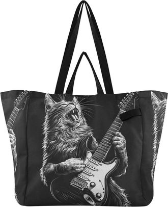 Generic Singing Cat Guitar print Reusable Canvas Tote Bag, Heavy Duty Grocery Shopping Bag with Hard Bottom Double Handles Large Capacity Work Groceries Trave