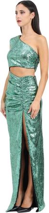 Amen Groene Een-Schouder Paillettenjurk - Dames - Avondkleed - Groen - XS - Pailletten - Kleedjes