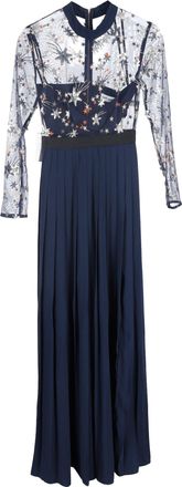 Self Portrait Embellished Tulle Detailed Maxi Gown Dress in Navy Blue Polyester