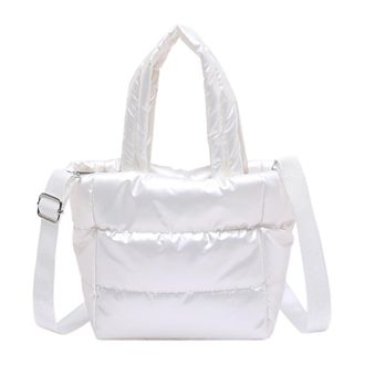 Generic Woman Puffy Lightweight Handbag Large Capacity Nylon Crossbody Bag Adjustable Strap Soft Pad Cotton Tote Shopping Bag (White)
