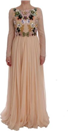 Dolce & Gabbana Roze Bloemen Kristal A-Lijn Maxi Jurk - Dames - Avondkleed - Roze - XS - Kleedjes