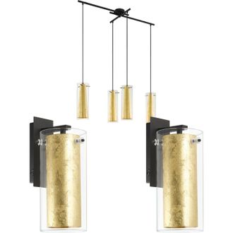 Loops 4 Bulb Ceiling Pendant & 2x Matching Wall Lights Clear Glass & Gold Chandelier