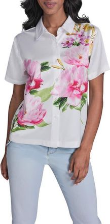 Karl Lagerfeld Floral Placement Crepe Button-Up Shirt in Soft White Multi at Nordstrom, Size X-Large
