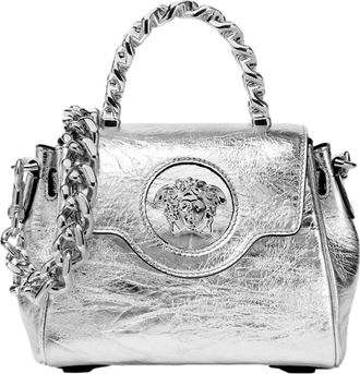 Versace Womens La Medusa Metallic Top Handle Handbag In Silver