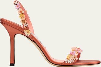 Jimmy Choo London 100mm Jenn Flower-Embellished Satin Sandals