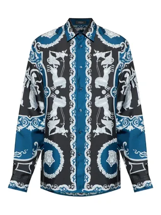 Versace Blue Baroque-Print Silk Long-Sleeve Shirt