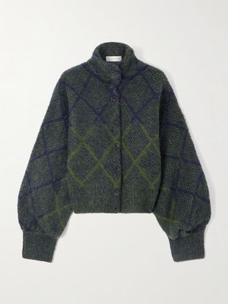 Dries Van Noten Cardigan In Misto Alpaca A Quadri - Verde