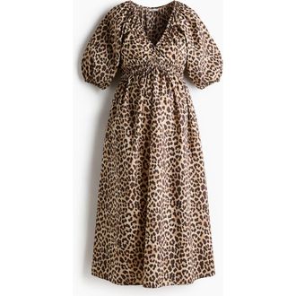 H&M Mama balloon-sleeved midi dress in Light Beige/leopard Print at Nordstrom, Size Xx-Large