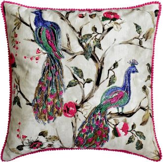 OEM Funda De Coj&iacute;n De Algod&oacute;n Color Rosa Viol&aacute;ceo De 50 X 50 Cm Con Estampado De Pavo Real, Cuentas, Encaje De Pompones Y Estampado Floral, Ideal Para Sof