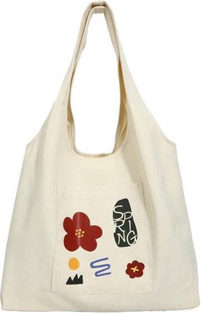 Generic Large Capacity Versatile Canvas Shoulder Bag, Womens Reusable Grocery Bag Cartoon Flower Pattern Handbag(Red)