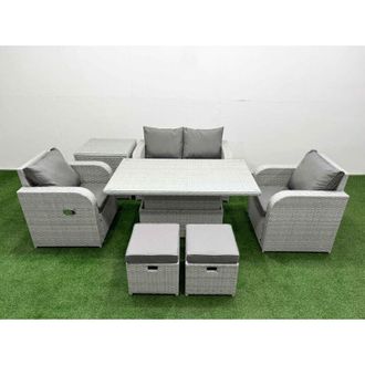 Fimous Light Grey pe Wicker Rattan Garden Furniture Set Sofa Set Reclining Chair Adjustable Lifting Dining or Coffee Table 6 Seater 2 Small Stools - Fimous