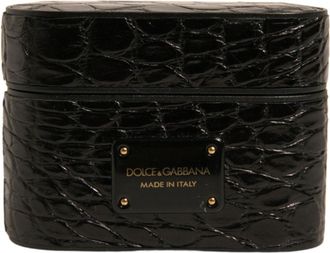 Dolce & Gabbana Black Leather Metal Logo Plaque Holder Airpods Case Caiman Accessory