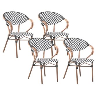 Beliani Juego De 4 Sillas De Jard&iacute;n Patr&oacute;n Blanco/negro Tablero De Rat&aacute;n Sint&eacute;tico Y Vidrio Estructura De Aluminio Marr&oacute;n Oscuro Rifreddo