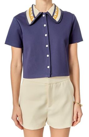 English Factory Crochet Collar Button-Up Top in Navy at Nordstrom, Size Medium