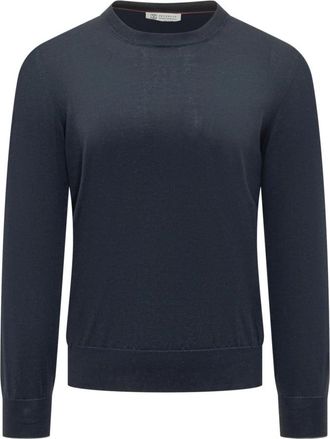 Brunello Cucinelli Trui met ronde hals - Heren - Ronde hals truien - Blauw - XL - Katoen - Truien & Vesten