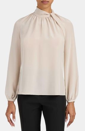 Santorelli Dakota Silk Mock Neck Blouse with Long Lantern Sleeves in Sandstone at Nordstrom, Size 14