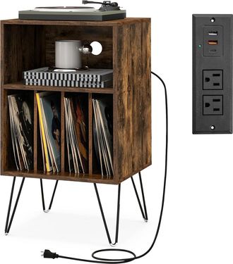 Costway Costway Soporte Para Tocadiscos, Soporte Para Tocadiscos De 3 Niveles Con Estaci&oacute;n De Carga, Mesa De Almacenamiento De Discos De Vinilo Con Estante Y 