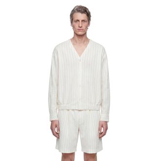 Hed Mayner Pinstriped V-Neck Shirt in Linen Cotton Poplin