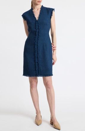 Santorelli Tuscany Sleeveless V-Neck Tweed Dress with Fringe Detail in Steel Teal at Nordstrom, Size 14