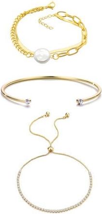 Adornia Set of 3 Crystal & Faux Pearl Bracelets in Gold at Nordstrom Rack